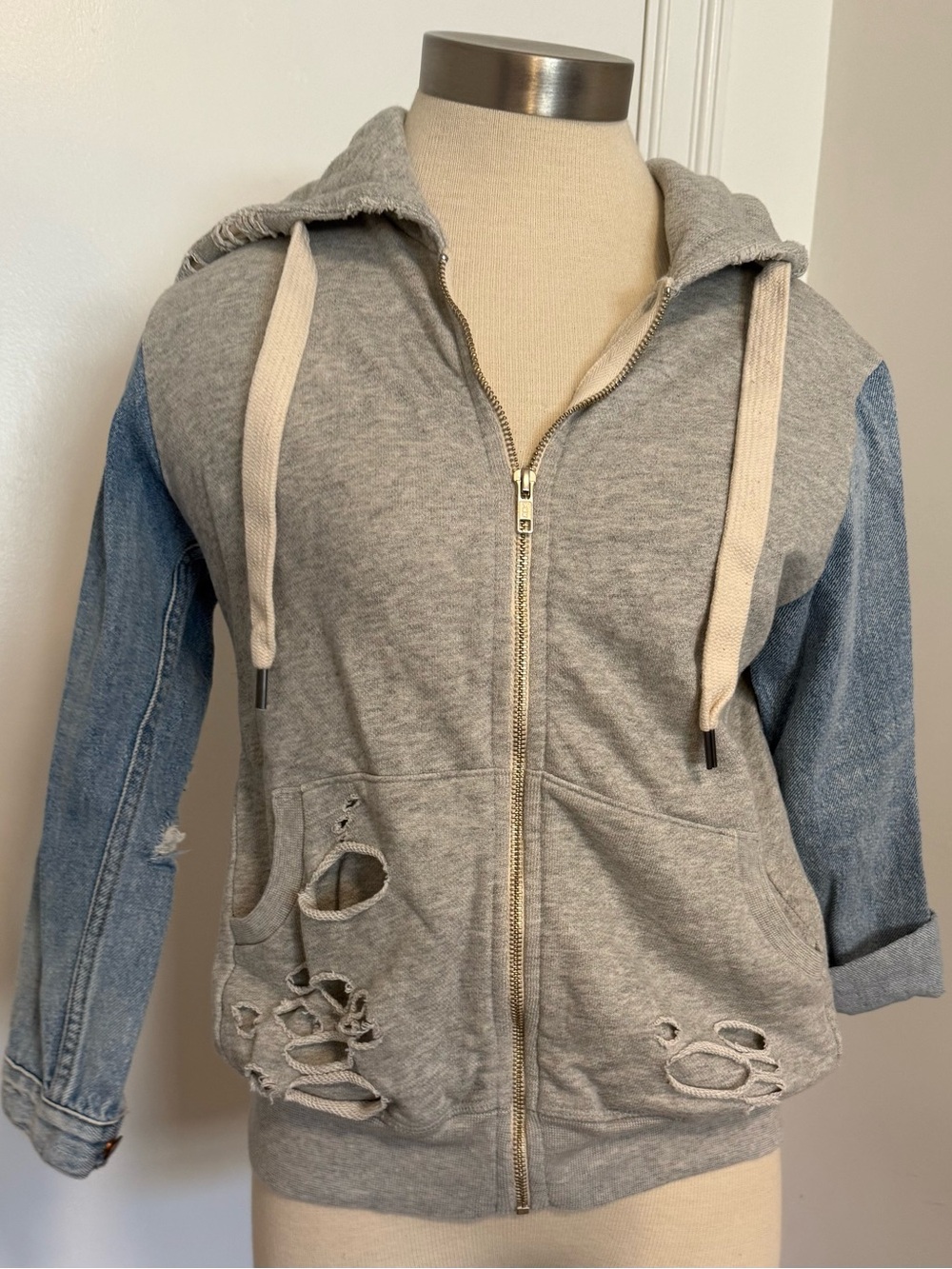 NSF Gray Distressed Sweatshirt and Denim Sleeves with Zip Front Hoodie -Size P - Picture 1 of 6